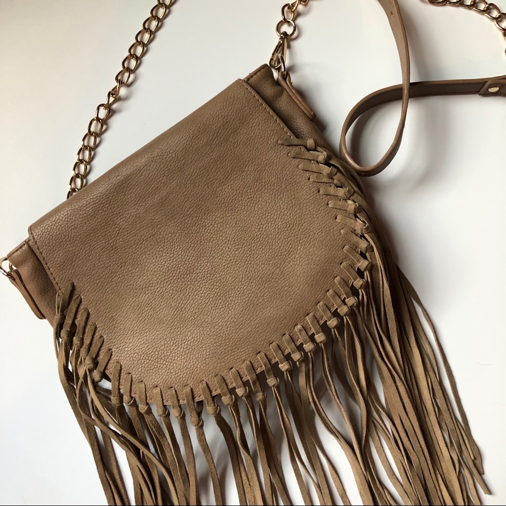 Moda Luxe Tan Fringe Handbag with Adjustable Strap